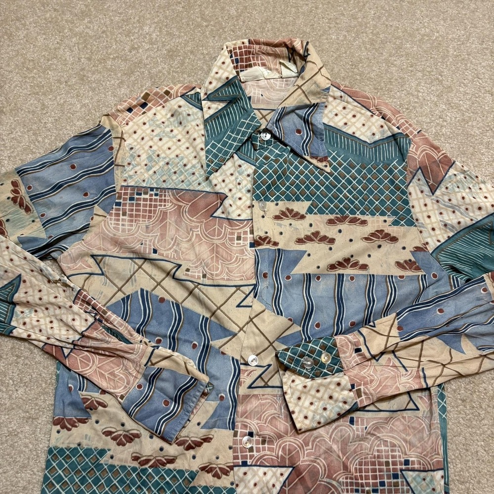 Vtg 70s Fairweather Disco Shirt Mens Medium Geometric Nylon Button Up Rockabilly